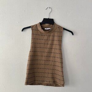 Zara Trafaluc Tan Ribbed Mock Neck Sleeveless Top Black Stitching Size M
